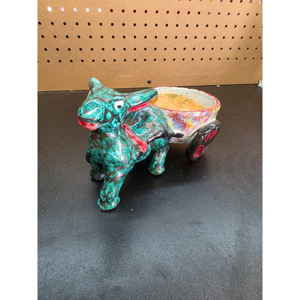 Vintage Italy Ceramic Donkey and Cart Planter Splatter Paint Folk Art 7.5in